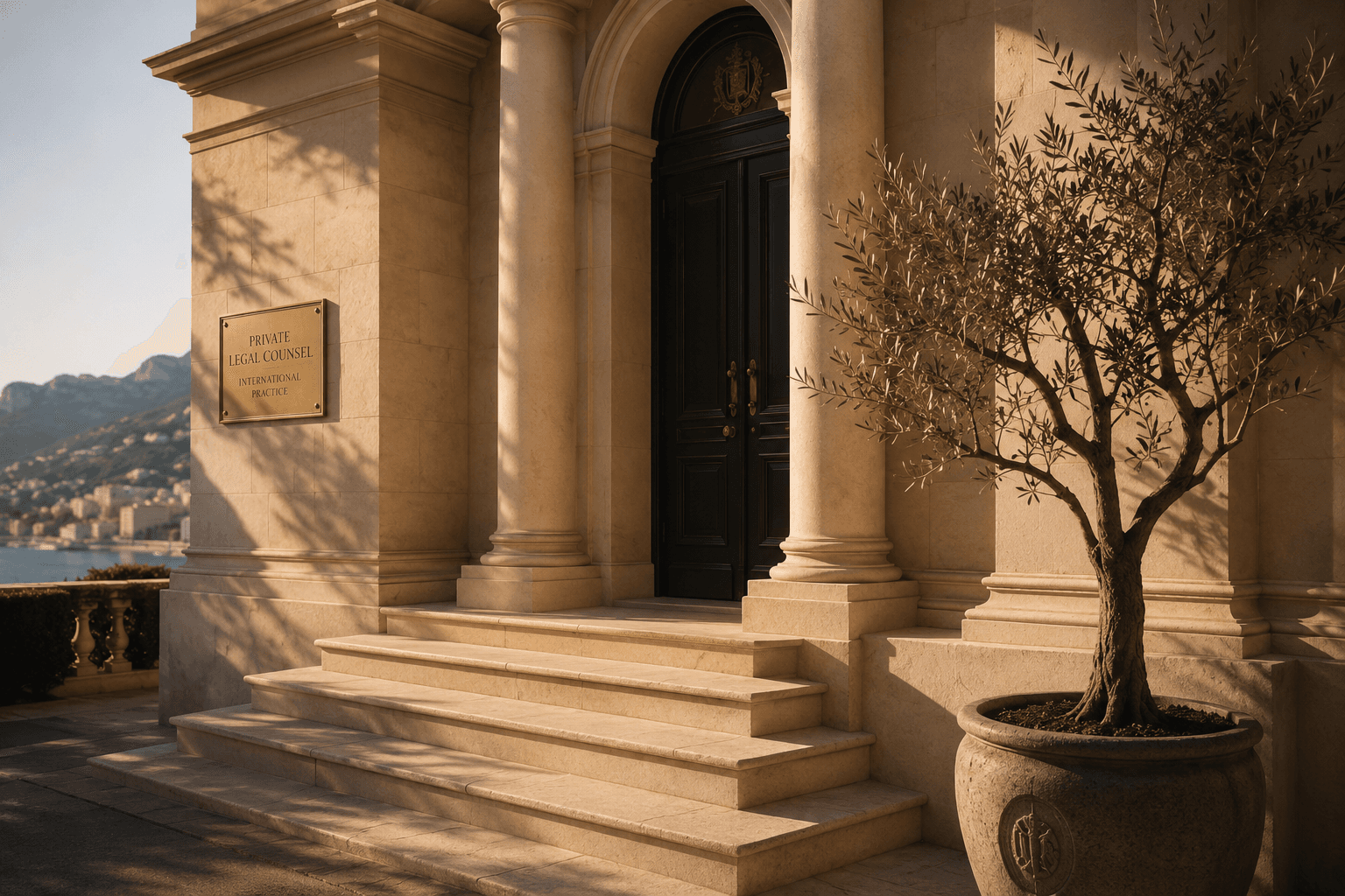 Mediterra Legal office entrance — brass plaque, olive tree, Mediterranean coast